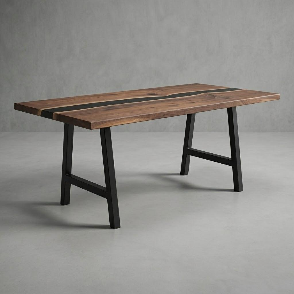 A rectangular wooden dining table with a dark wood grain top featuring a central black inlay, supported by black metal A-frame legs, set against a neutral gray studio background.