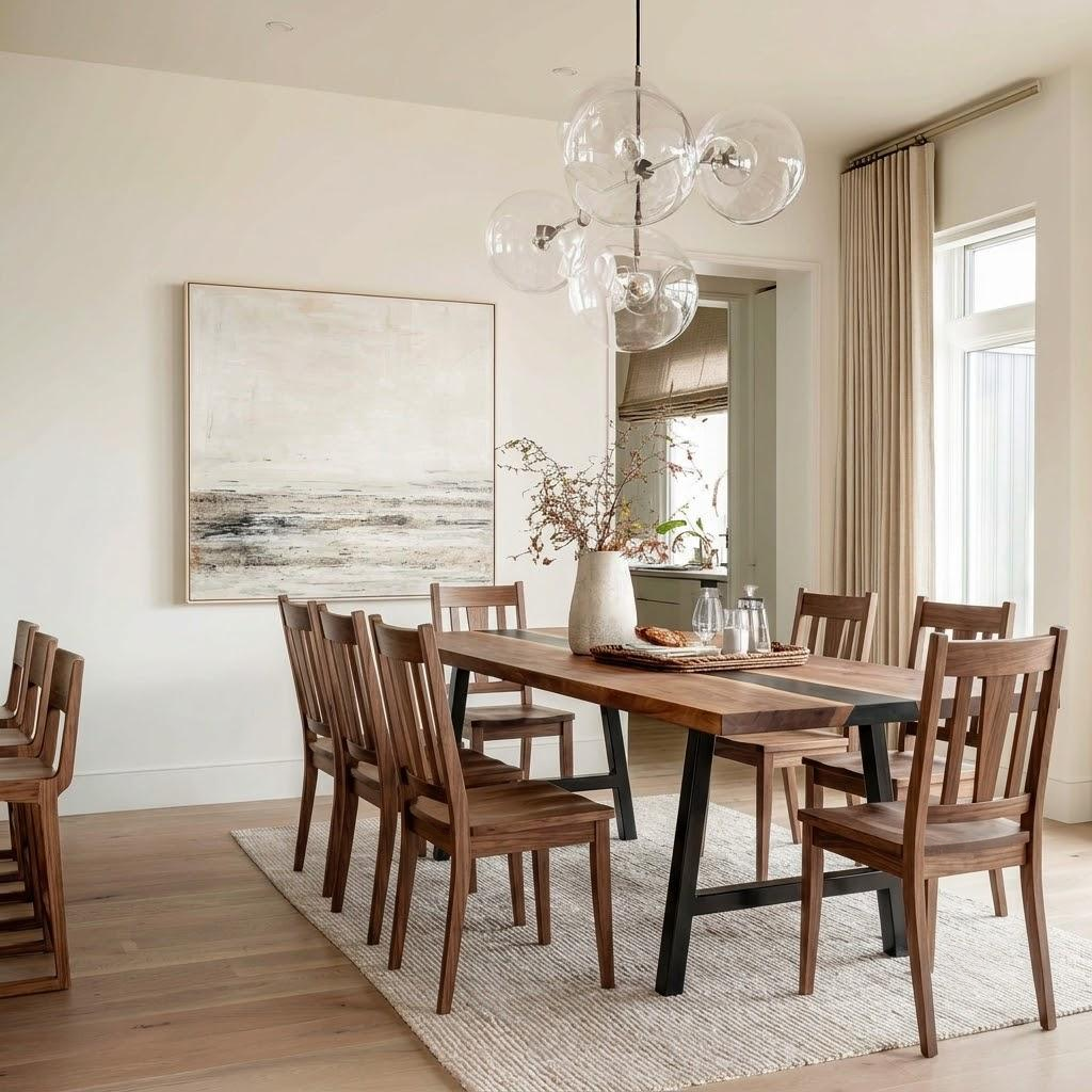A modern dining room featuring a rectangular wooden table with a live edge and black metal legs, surrounded by six wooden chairs. The set is styled on a textured cream rug under a clear glass globe chandelier, with a large abstract painting on the wall behind.