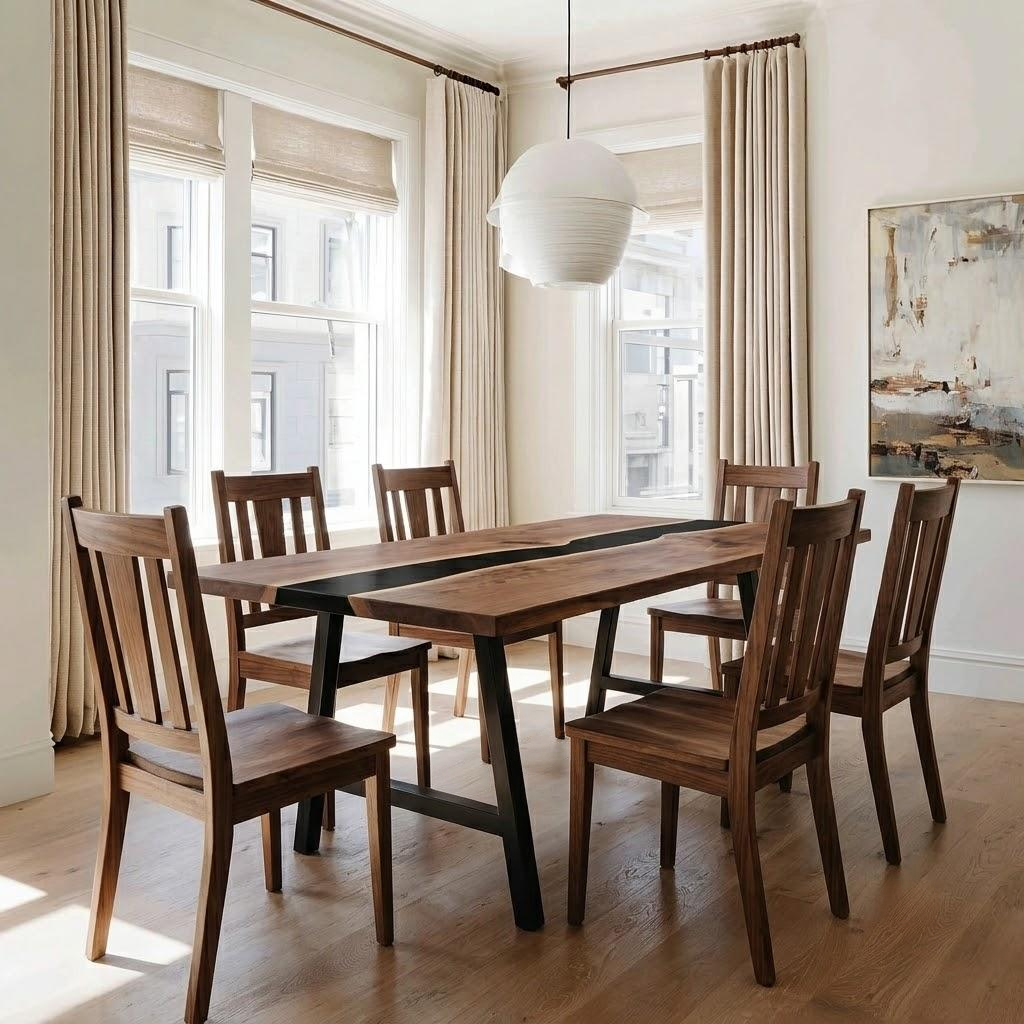 A six-piece wooden dining set consisting of a rectangular table with a black center inlay and six matching slat-back chairs, styled in a bright, modern dining room with beige curtains and a white pendant light.