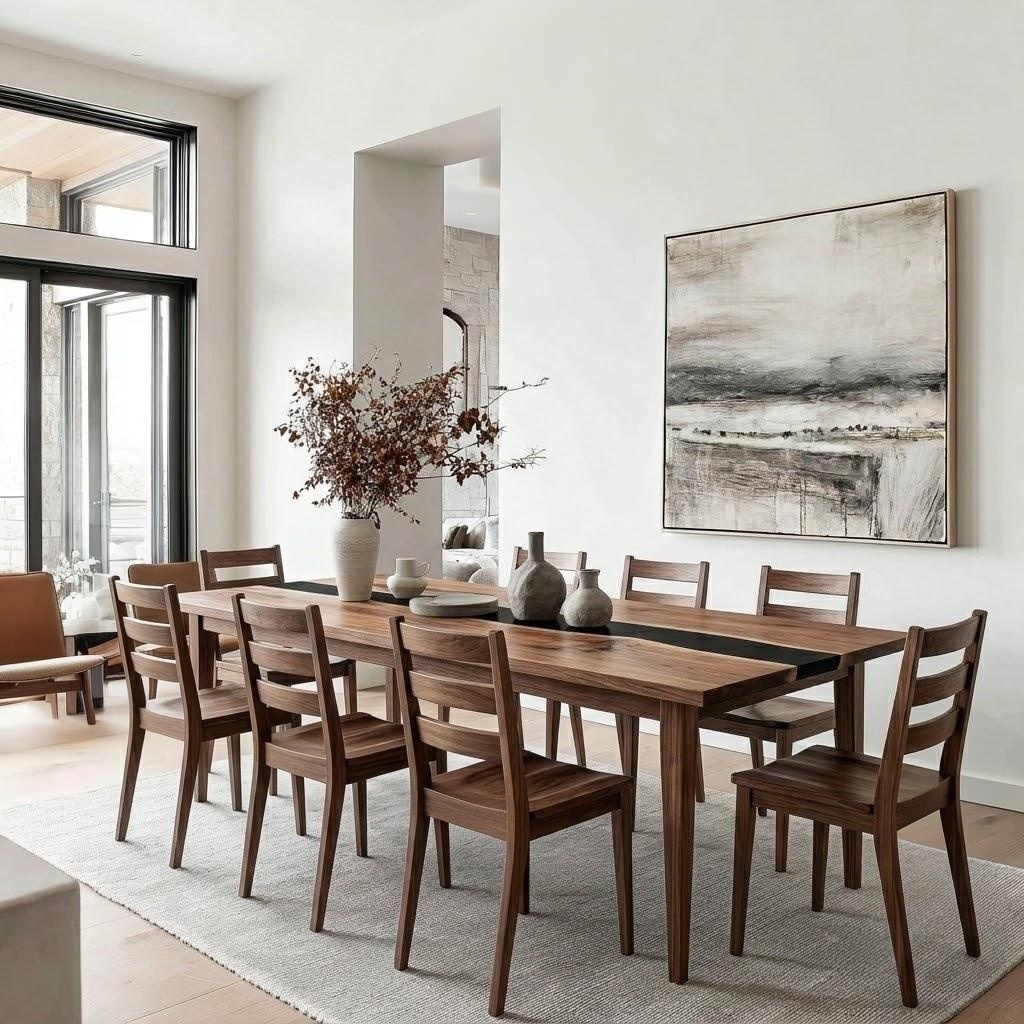 A dining room scene with a rectangular wooden dining table and matching wooden chairs arranged on a light rug. A large abstract black-and-white painting hangs on the wall, and the room is lit by tall windows on the left.
