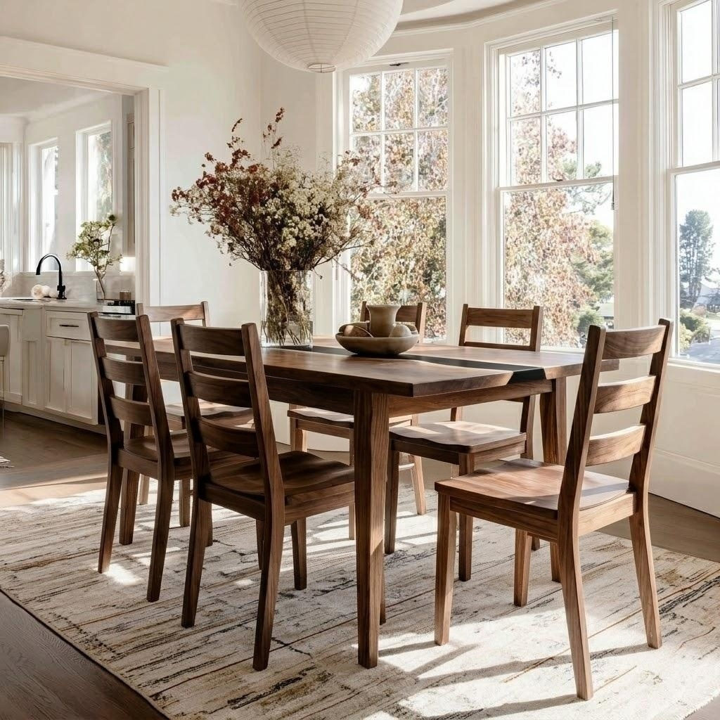 A wooden dining table with six matching ladder-back chairs in a bright, sunlit dining room with large windows and a white paper lantern hanging overhead.