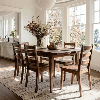A wooden dining table with six matching ladder-back chairs in a bright, sunlit dining room with large windows and a white paper lantern hanging overhead.