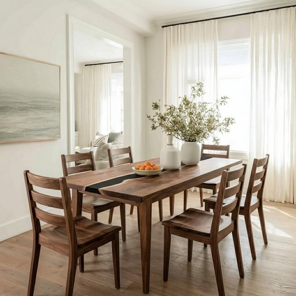 A dark wood dining table with six matching ladder-back chairs in a bright, modern dining room. The table is styled with a black runner, a white vase with dried branches, and a bowl of oranges, set against white walls, sheer curtains, and a large mirror.