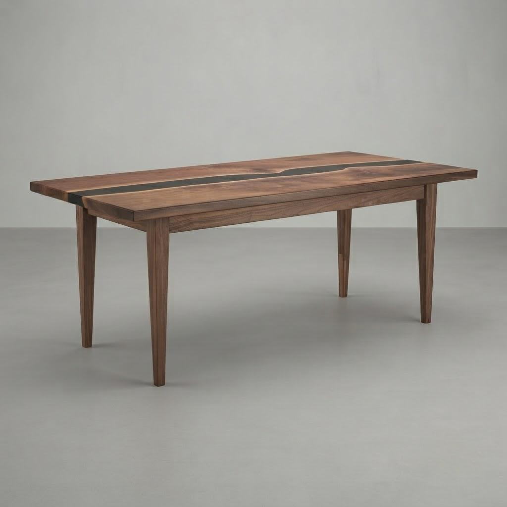 A rectangular wooden dining table with tapered legs and a dark inlay running along the top, photographed in a minimalist studio setting with a gray background.