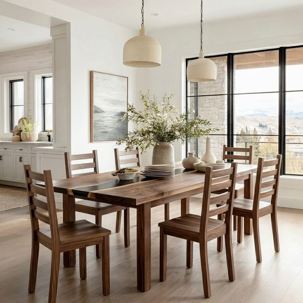 A dark wood dining table with six matching wooden chairs, styled in a bright, modern dining room with pendant lights, large windows, and a vase of greenery on top.