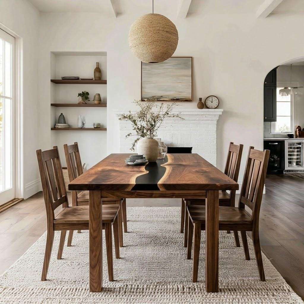 A dark wood dining table with a glossy live edge and six matching wooden chairs, styled in a bright, modern dining room with a white fireplace, woven rug, and a large woven pendant light overhead.
