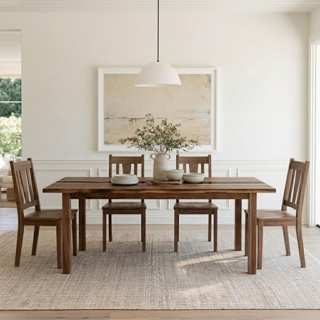 A rectangular wooden dining table with four matching wooden chairs, styled in a bright, modern dining room with a white pendant light, a large framed abstract print, and a woven area rug.