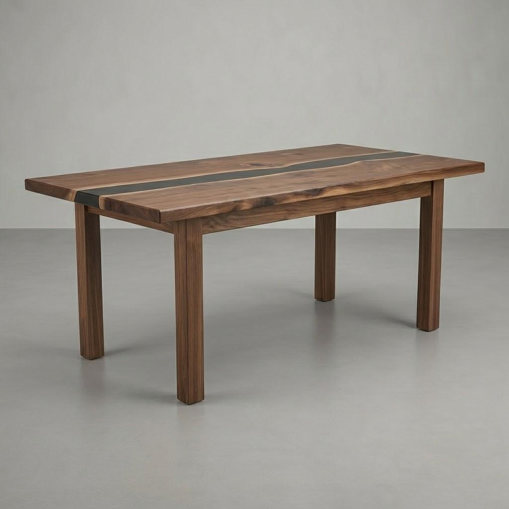 A rectangular wooden dining table with a dark brown wood grain finish and a contrasting black inlay running down the center, set against a neutral gray studio background.
