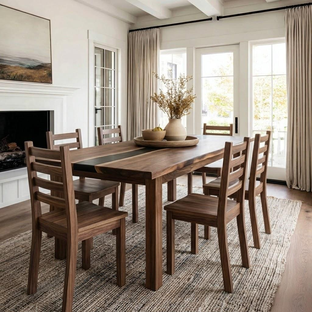 A rustic wooden dining table with six matching ladder-back chairs, styled in a bright, modern dining room with a fireplace and large windows.