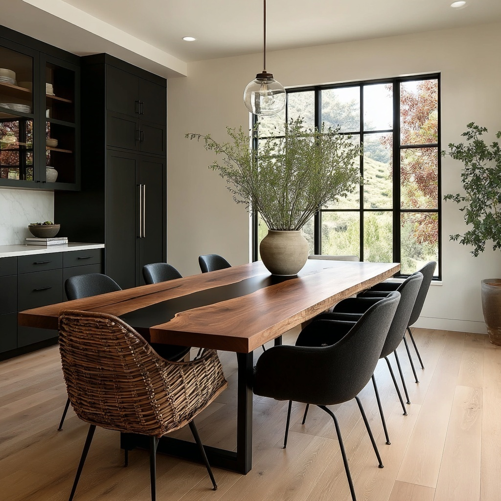 Modern dining room with a long wooden table and black chairs.