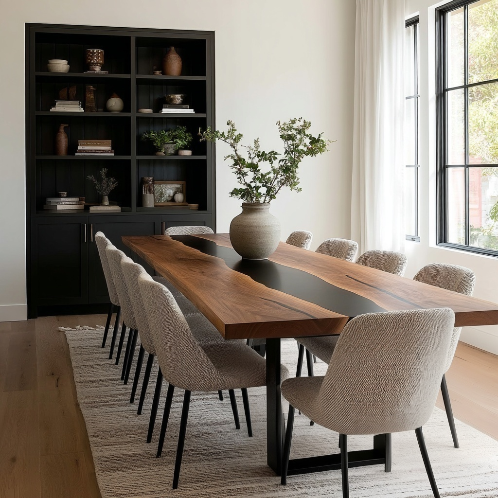 Dining room with a long wooden table and chairs, black bookshelf, and large window.