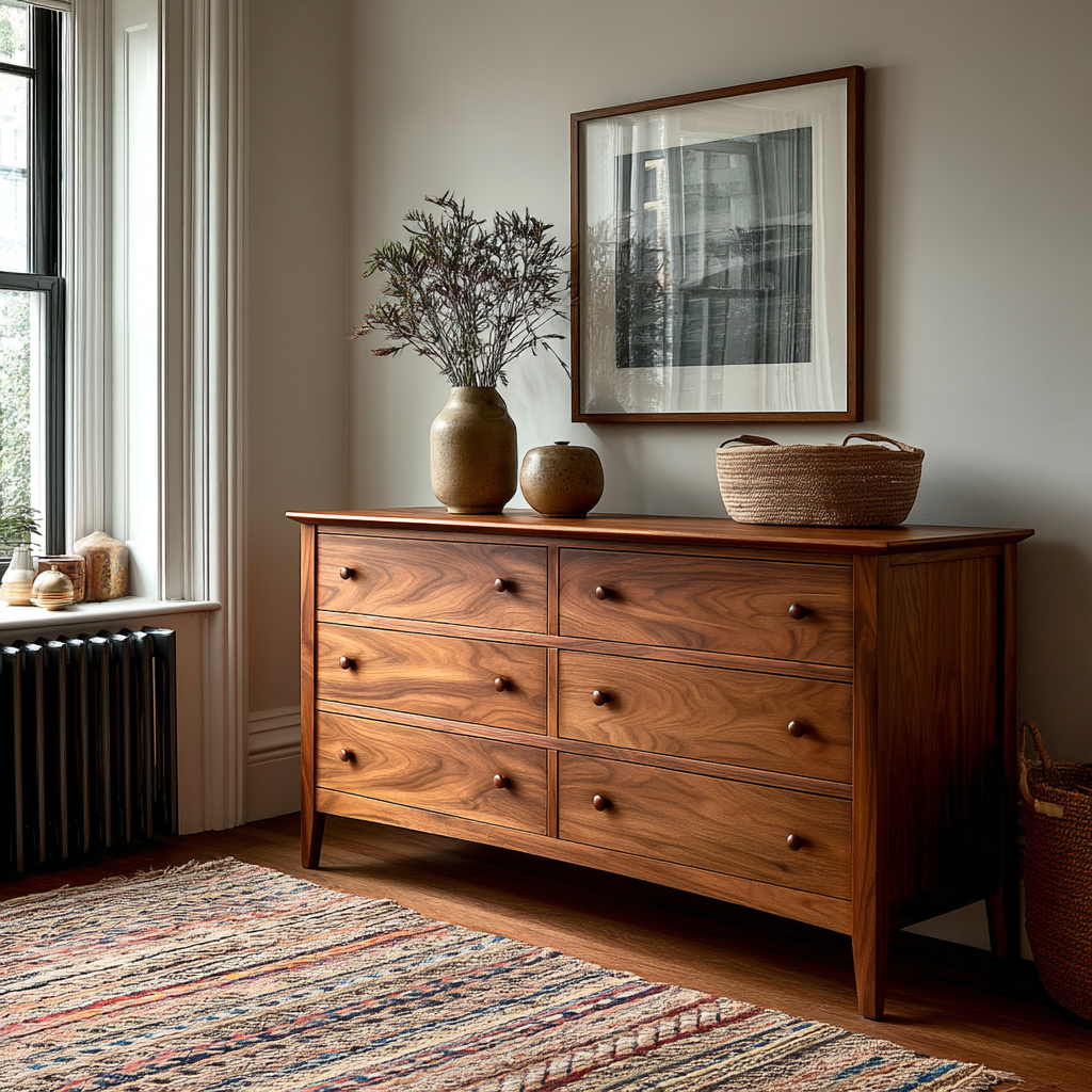 Wooden dresser with decorative items in a room with a window and rug.