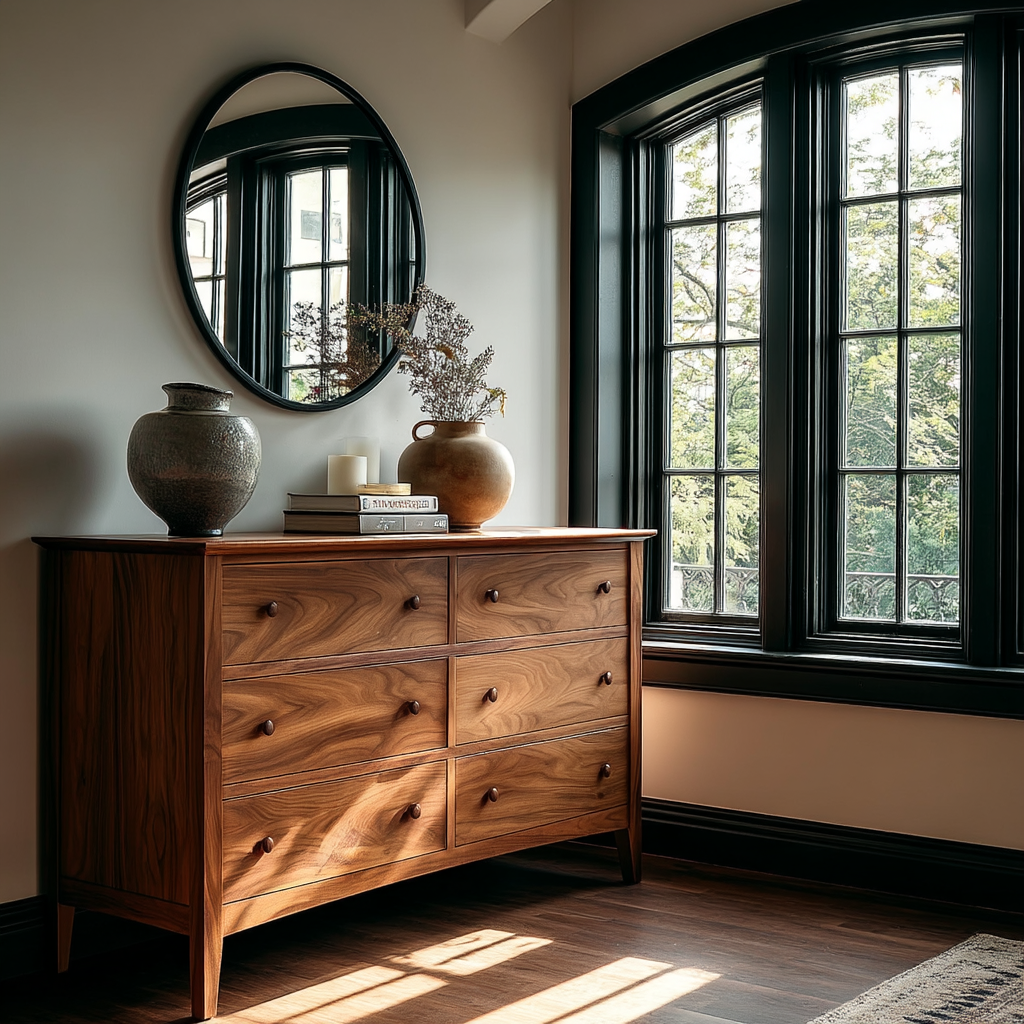 Wooden dresser with decorative items in a room with large windows.