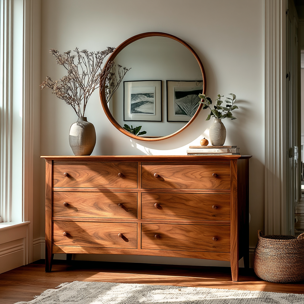 Wooden dresser with round mirror and decorative items in a room.