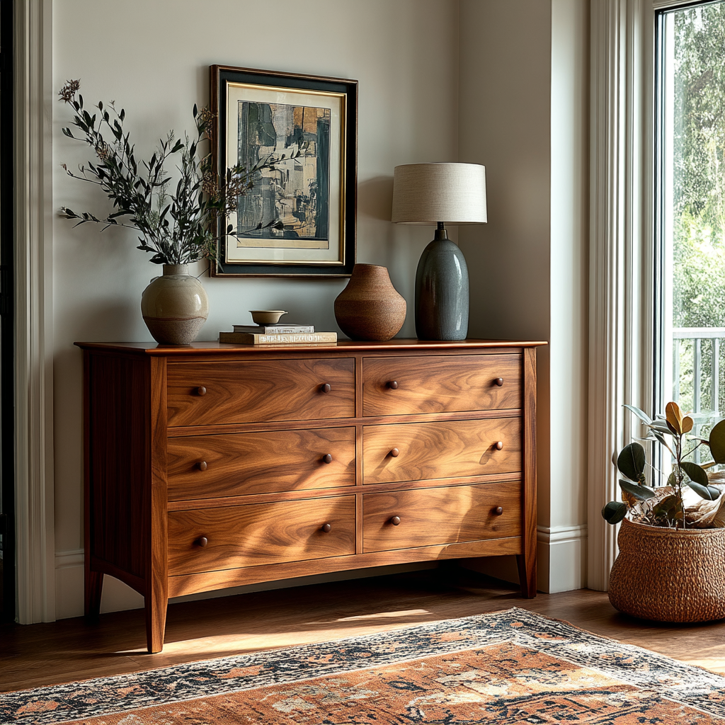 Wooden dresser in a room with decor elements like a lamp, vase, and framed art.