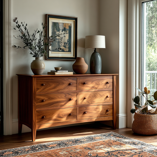 Wooden dresser in a room with decor elements like a lamp, vase, and framed art.