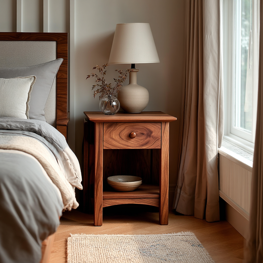 Wooden nightstand with lamp and decorative items next to a bed in a bedroom.