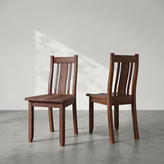 Two wooden chairs on a gray floor with a white wall background