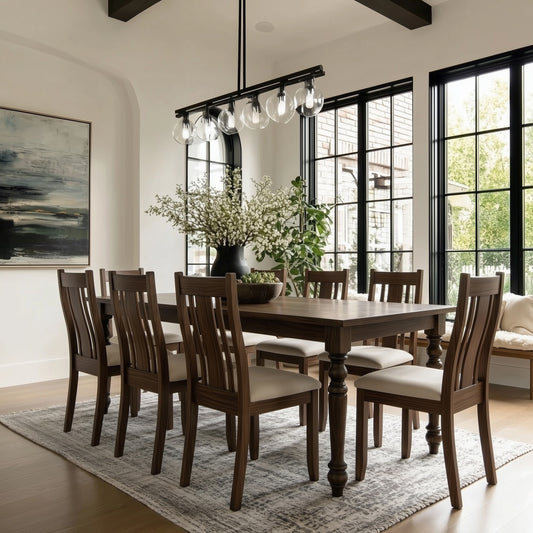 Dining room with wooden table and chairs, large windows, and decorative elements.