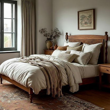 Cozy bedroom with wooden bed, beige bedding, and decorative elements.