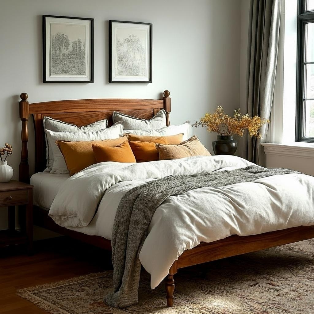 Neatly made bed with wooden headboard in a well-lit bedroom.