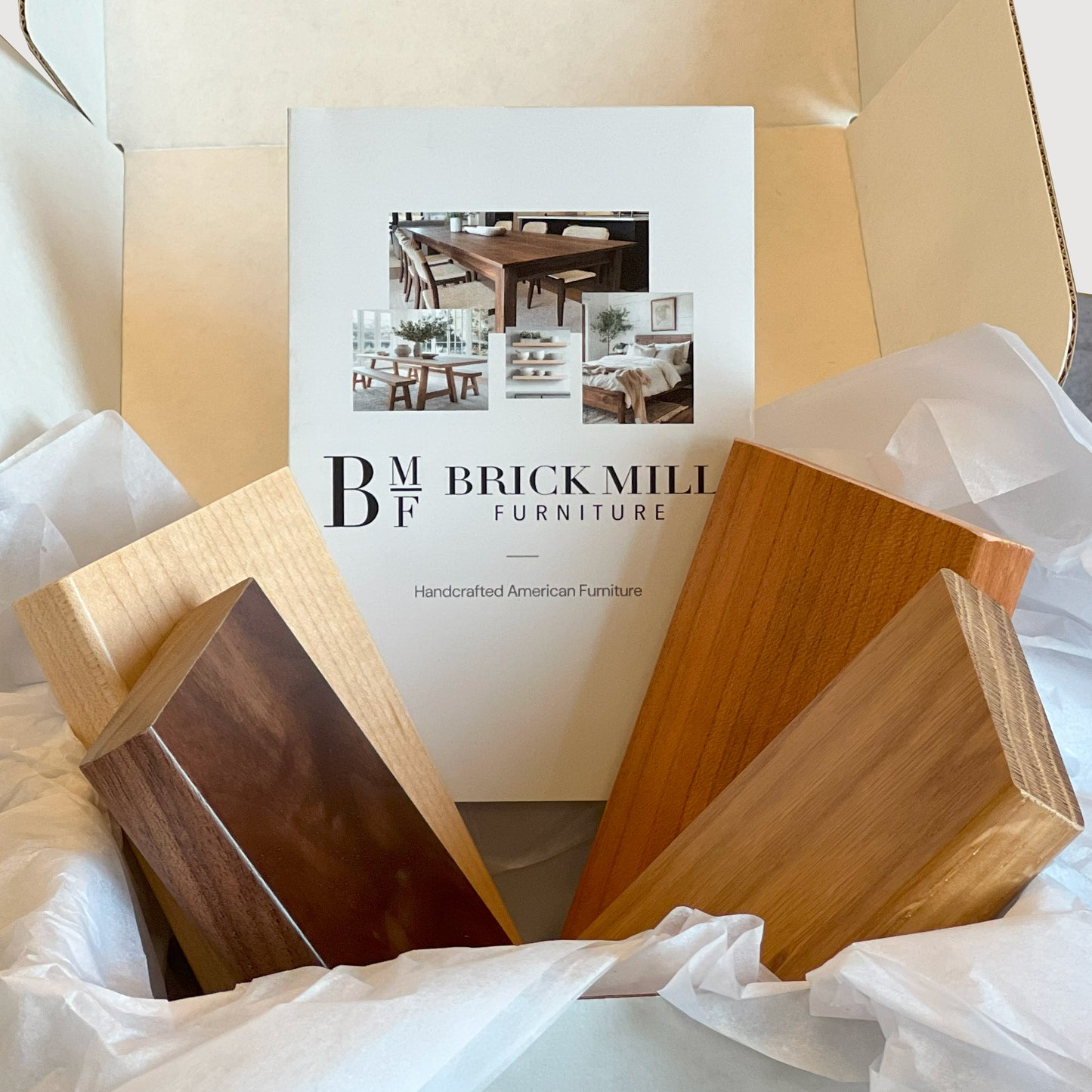 Brick Mill Furniture packaging with a product and branded box.