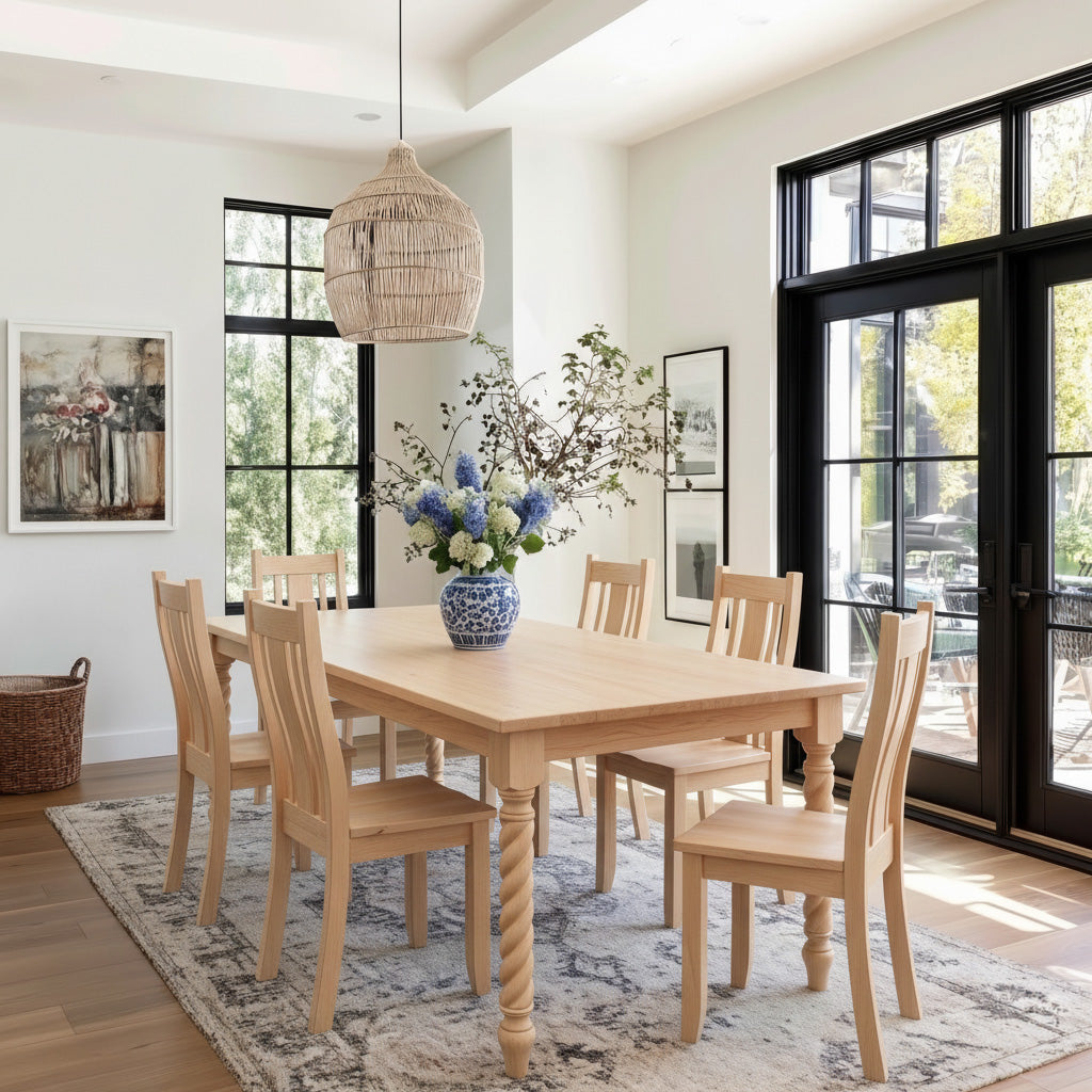 Dining room with wooden table and chairs, floral arrangement, and large windows.