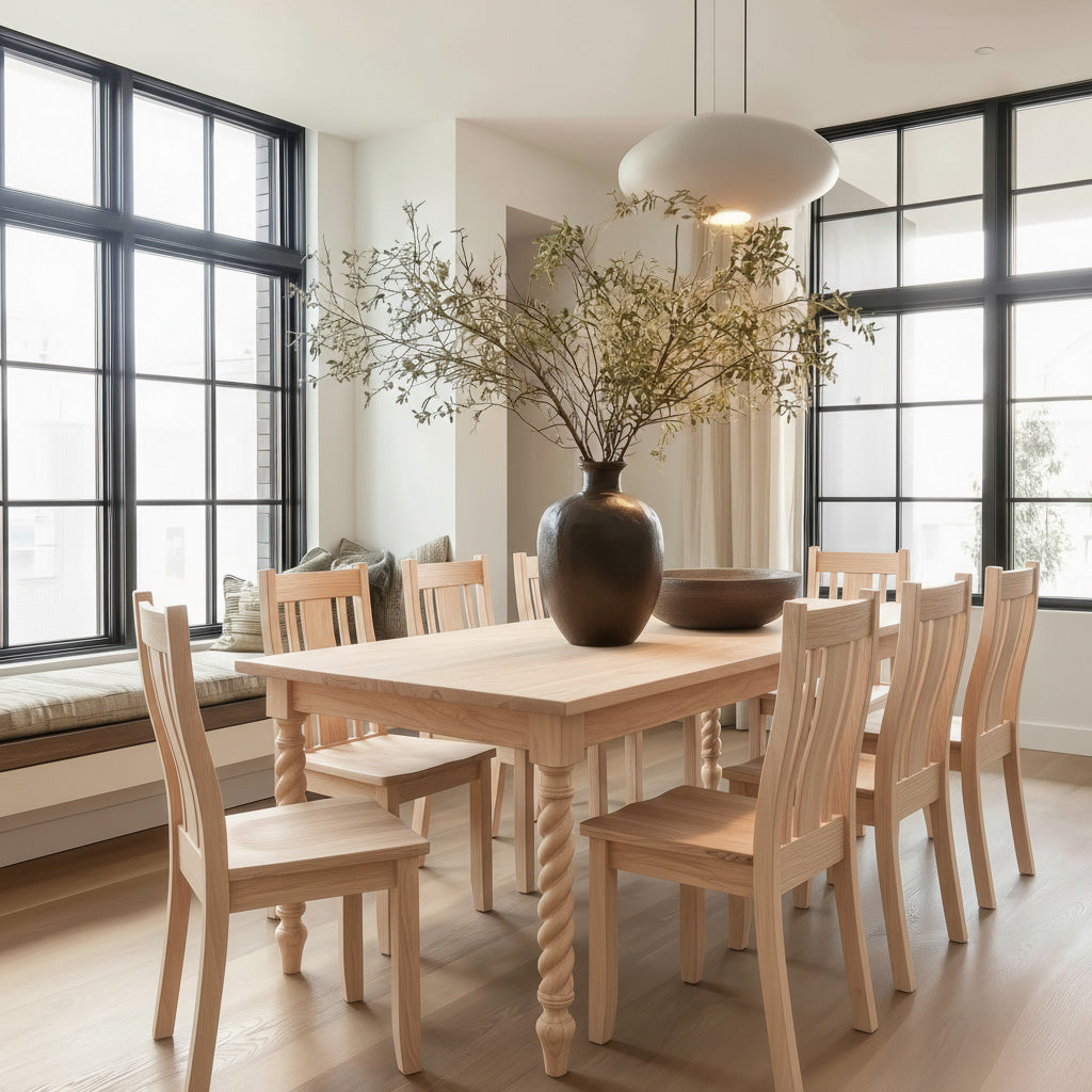 Dining room with wooden table and chairs, large windows, and decorative vase.