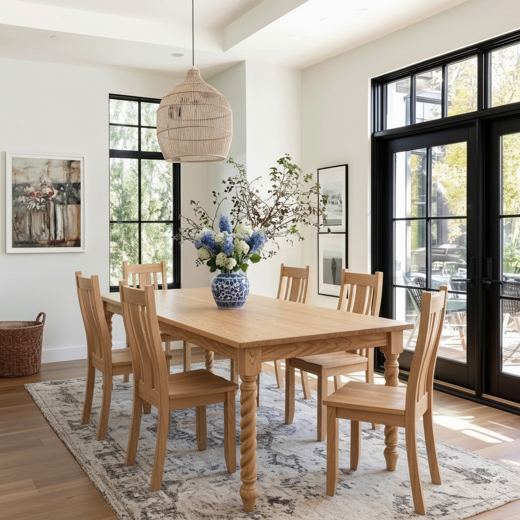 Dining room with wooden table and chairs, large windows, and decorative elements.