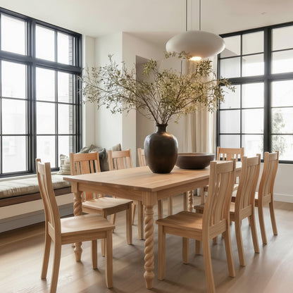Dining room with wooden table and chairs, large windows, and decorative vase.