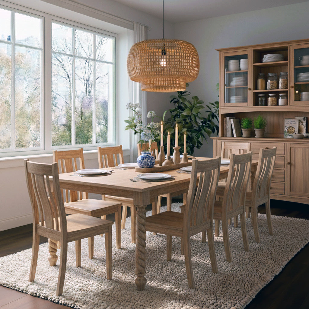 Dining room with wooden table and chairs, large window, and decorative items.