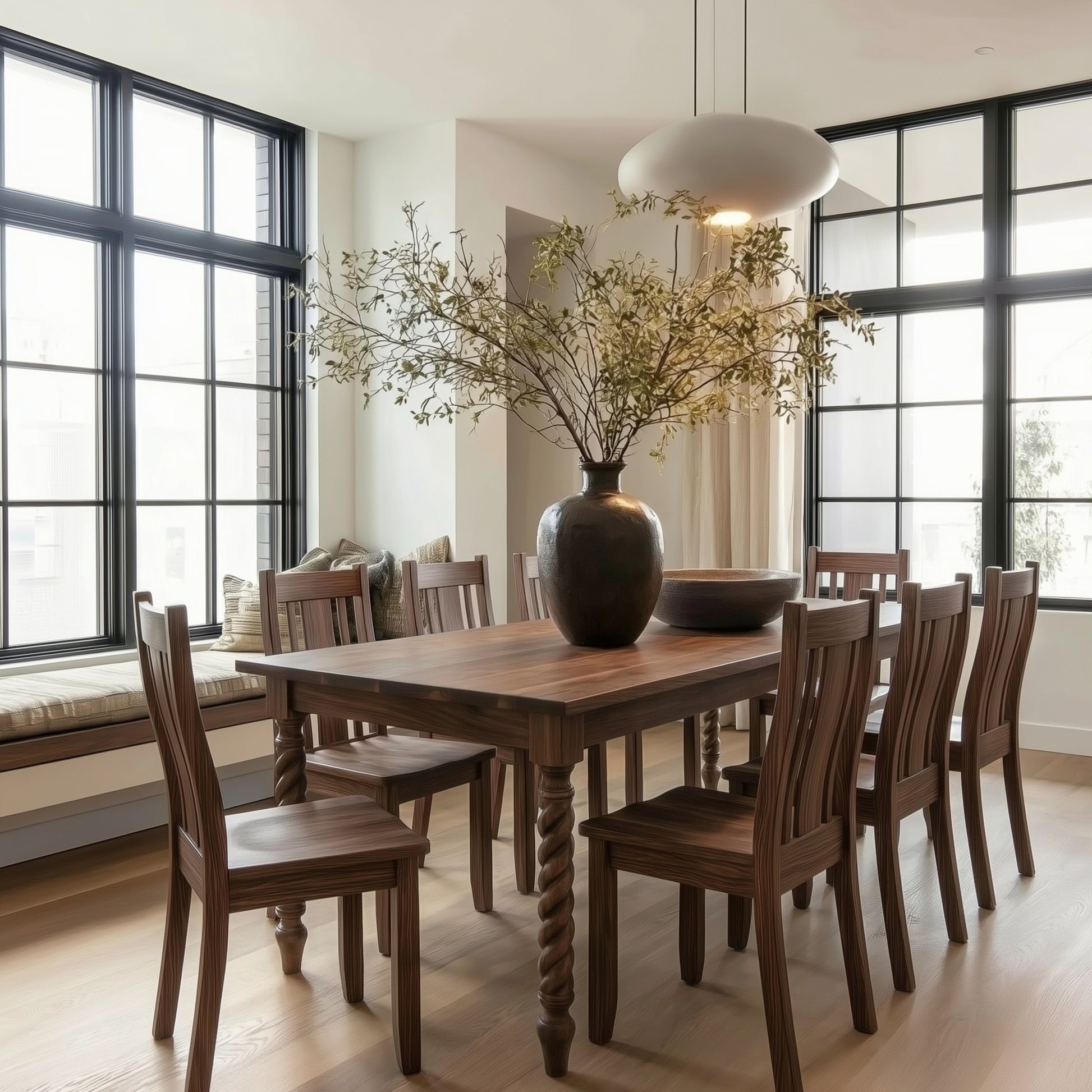 Dining room with wooden table and chairs, large windows, and decorative vase with branches.