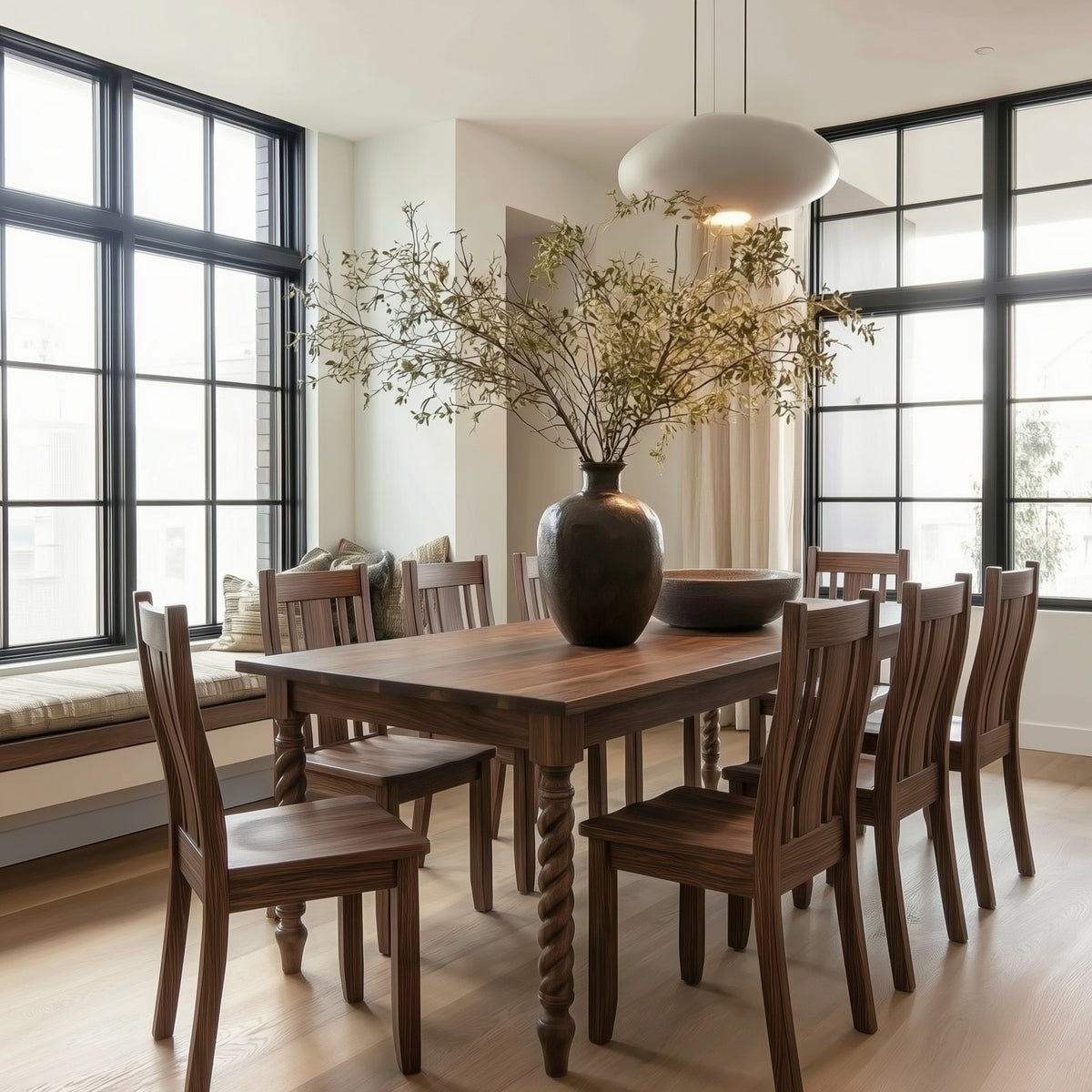 Dining room with wooden table and chairs, large windows, and decorative vase with branches.