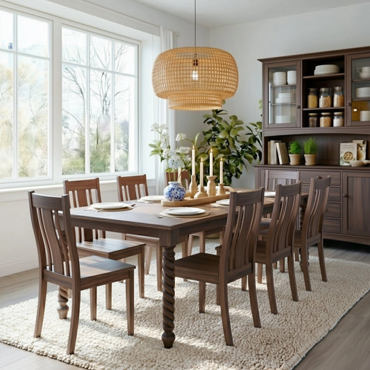 Dining room with wooden table and chairs, large window, and decorative items.