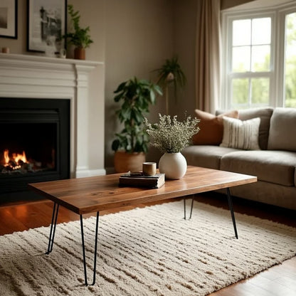 Living room with a wooden coffee table, sofa, and fireplace.