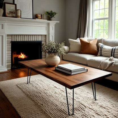 Living room with a wooden coffee table, sofa, and fireplace.