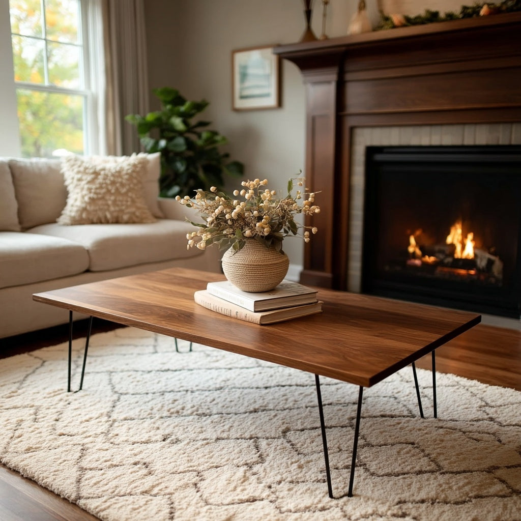 Wooden coffee table with a vase of flowers in a living room with a fireplace.