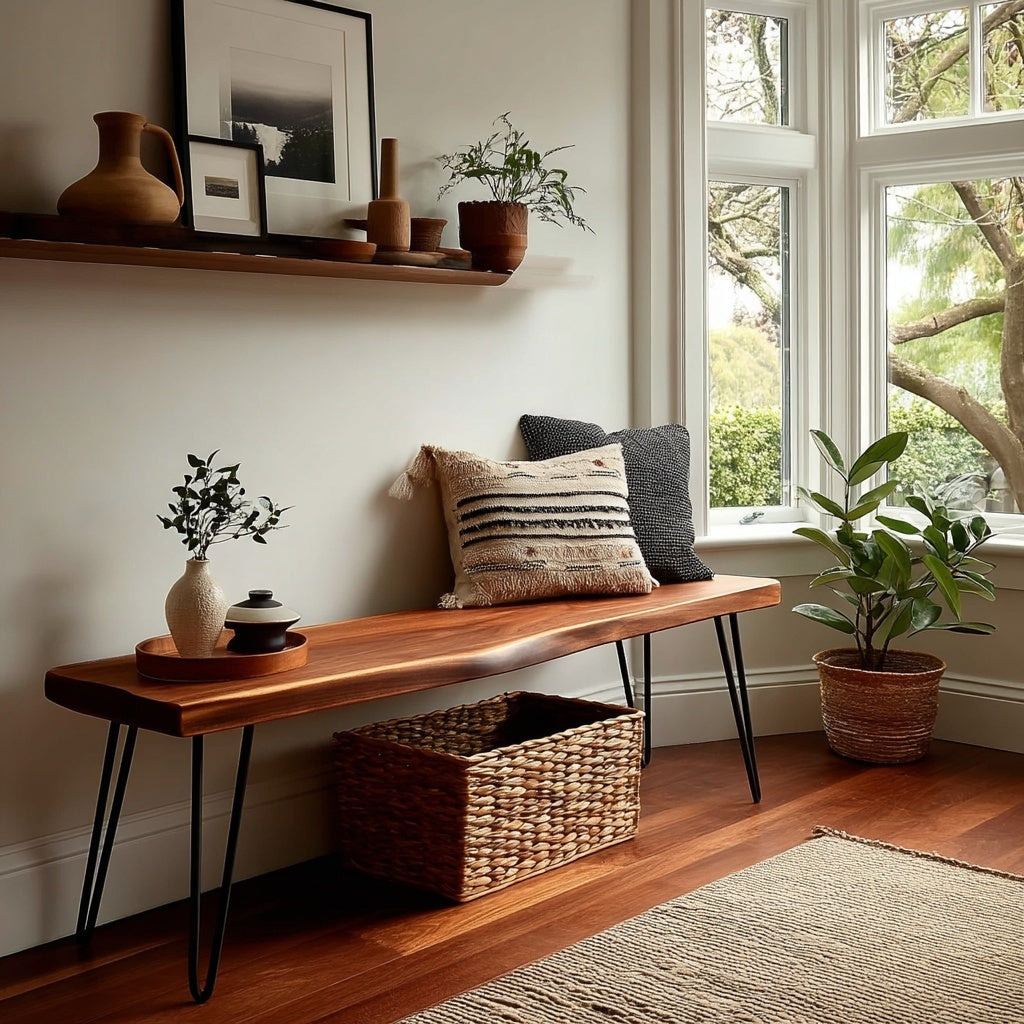 Wooden bench with pillows and a basket in a room with large windows and plants.