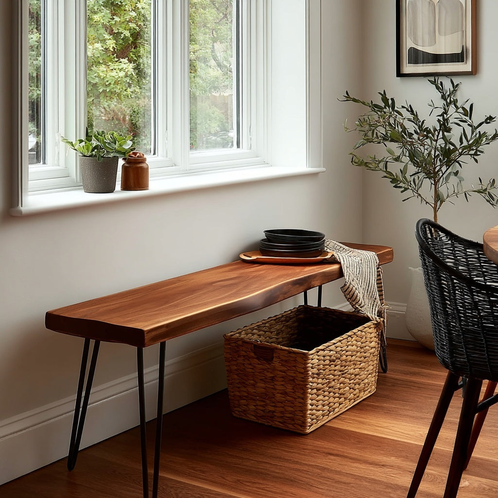 Wooden bench with a woven basket underneath, near a window with plants, in a room with a chair and plant.