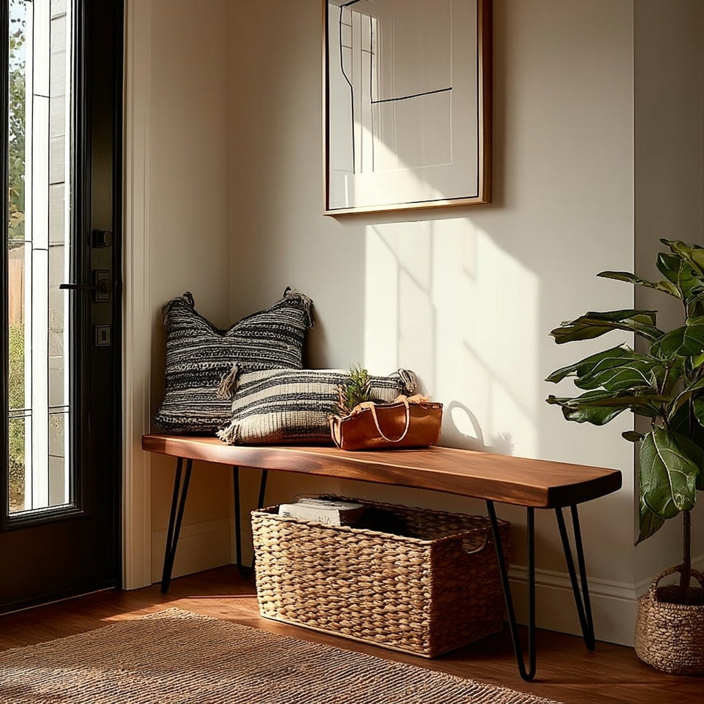 Wooden bench with pillows and a basket in a sunlit room