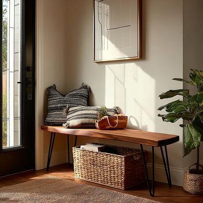 Wooden bench with pillows and a basket in a sunlit room