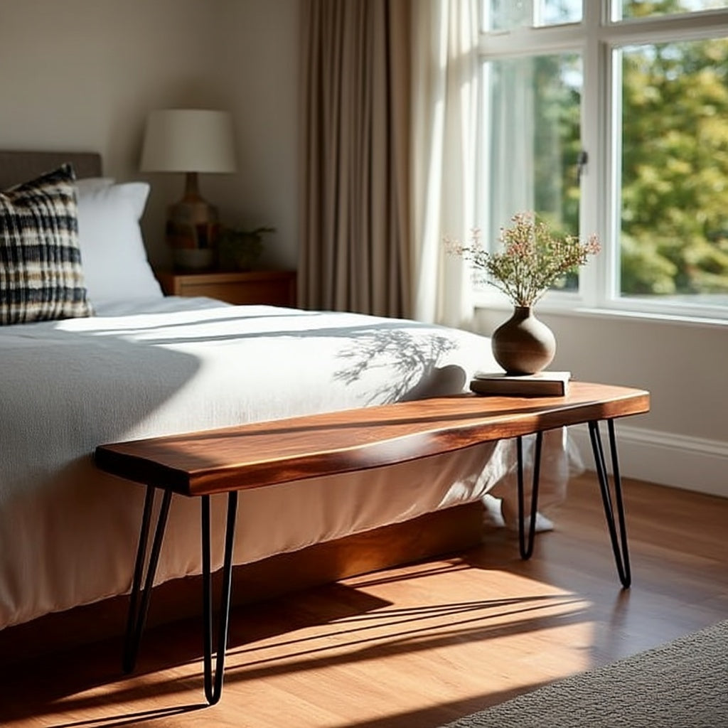 Wooden bench in front of a bed with natural light streaming through a window.