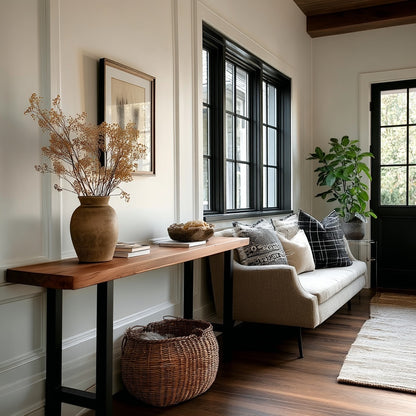 Living room with a wooden console table, white sofa, and decorative elements.