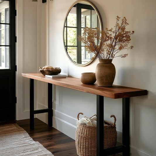 Wooden console table with decorative items in a hallway