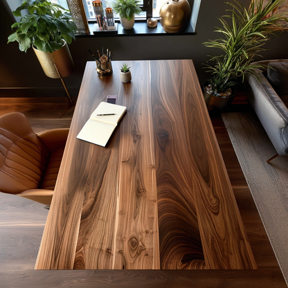 Top down view of a walnut desk top
