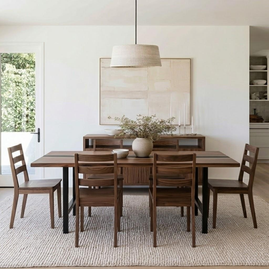 A modern dining room set featuring a rectangular dark wood table with black metal legs, four matching wooden chairs, a sideboard, and a large woven pendant light hanging above.
