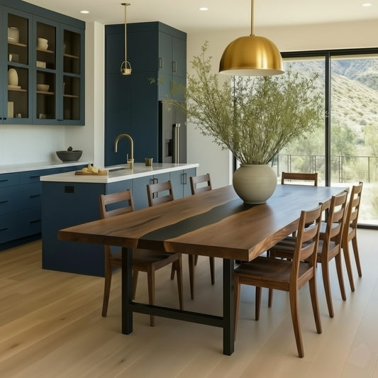 Modern kitchen with wooden dining table and chairs, blue cabinets, and a view of mountains.