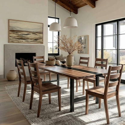 A dining room scene showing a rectangular wooden dining table with six matching wooden chairs, styled on a textured rug in a bright, modern room with a fireplace, large windows, and pendant lights.