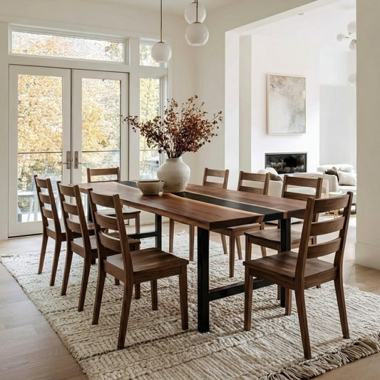 A dining room scene showing a rectangular wooden dining table with black metal legs and matching wooden chairs arranged on a textured light rug. Large glass doors, pendant lights, and a fireplace are visible in the bright interior.