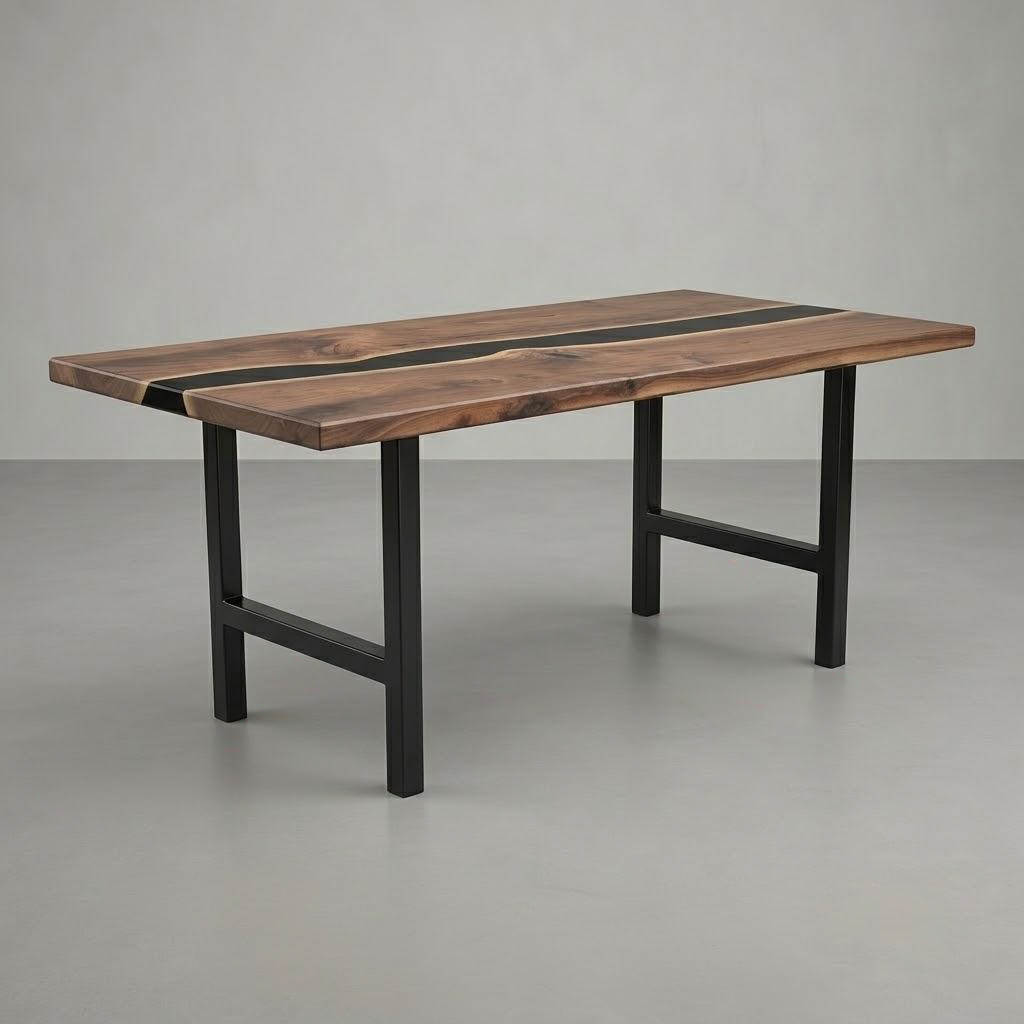A rectangular wooden table with a dark brown wood grain top featuring a black inlay running lengthwise, supported by a black metal frame base, set against a neutral gray studio background.